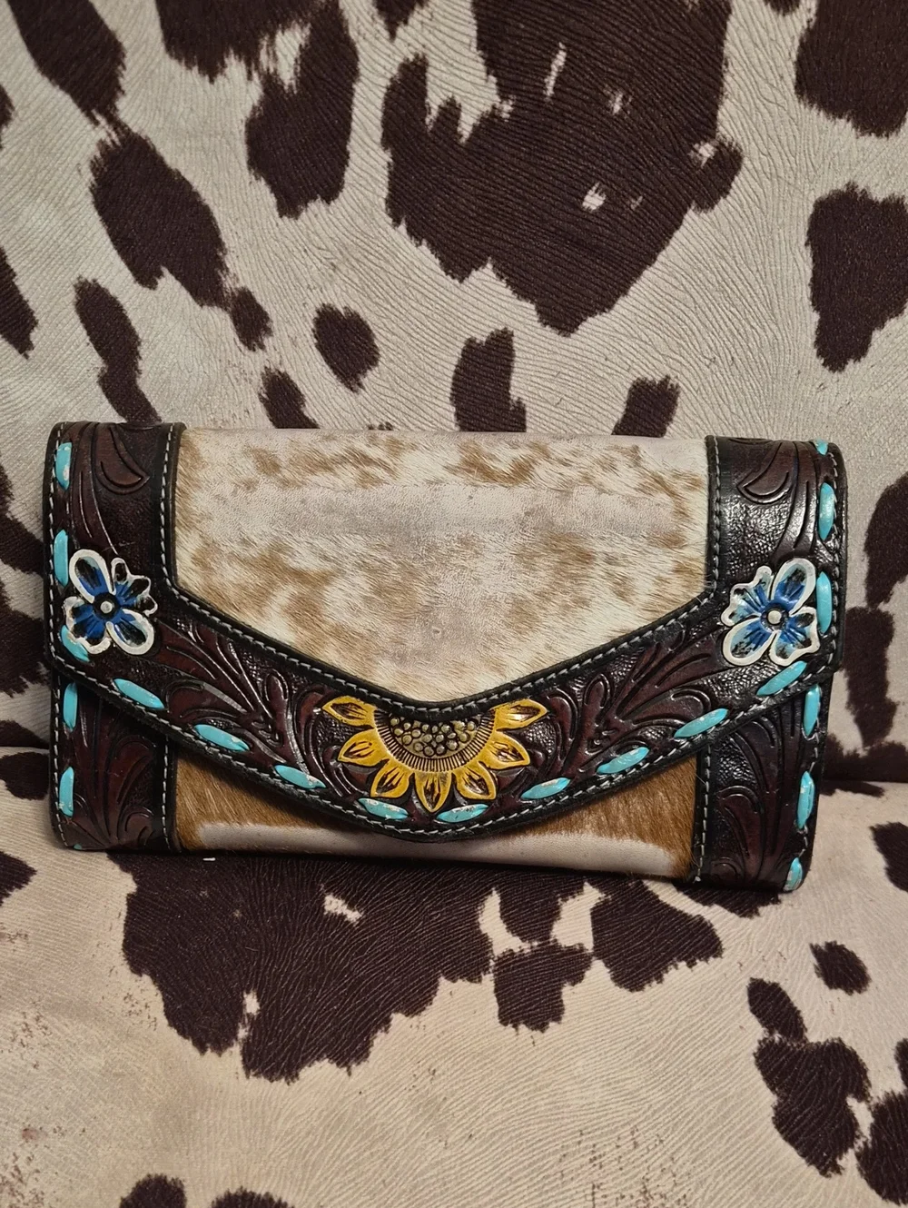 Brown Cowhide Wallet with Turquoise/ Yellow Floral Tooled Accents